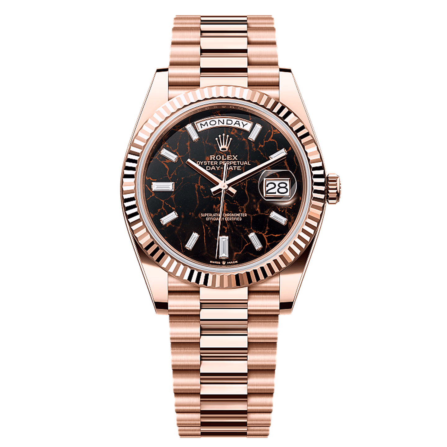 劳力士（ROLEX）星期日历型 赤铁石盘 冰糖钻刻 18k玫瑰金 机械机芯 40mm